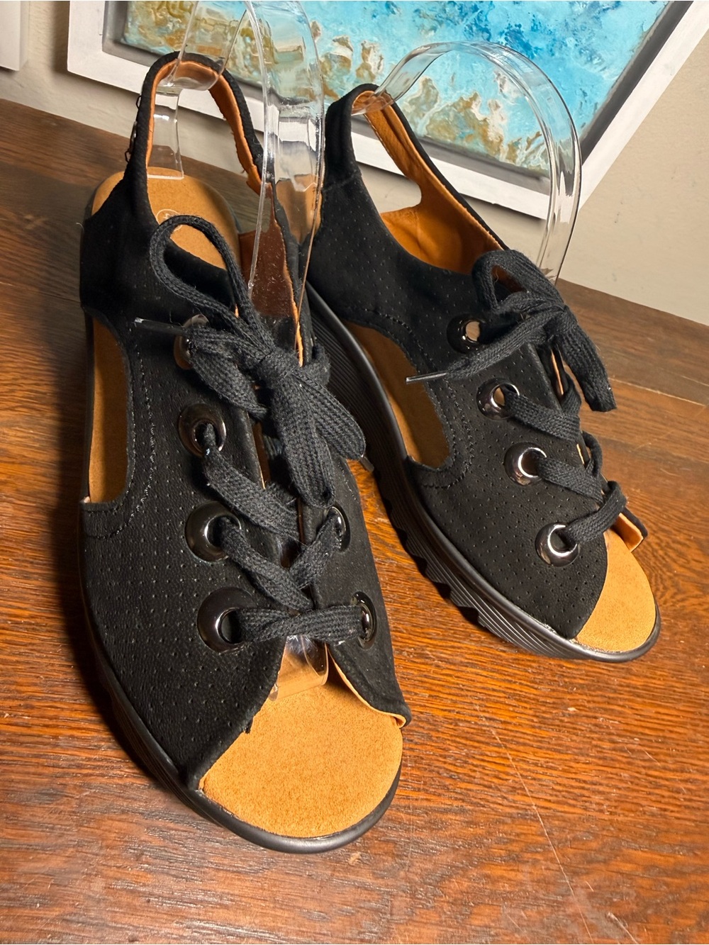Women's Black Suede Bernie Mev Marcelo Casual Wedge Sandals 9.5-10
